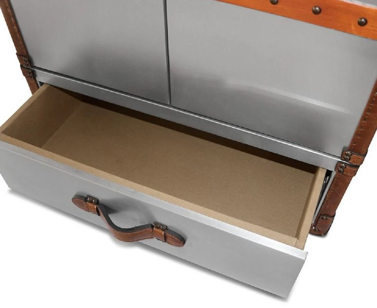 Luxus Weinschrank Silber / Braun 63 x 52 x H. 130 cm - Aluminium Kofferschrank mit Echtleder - Barschrank im Koffer Design - Luxus Bar Möbel