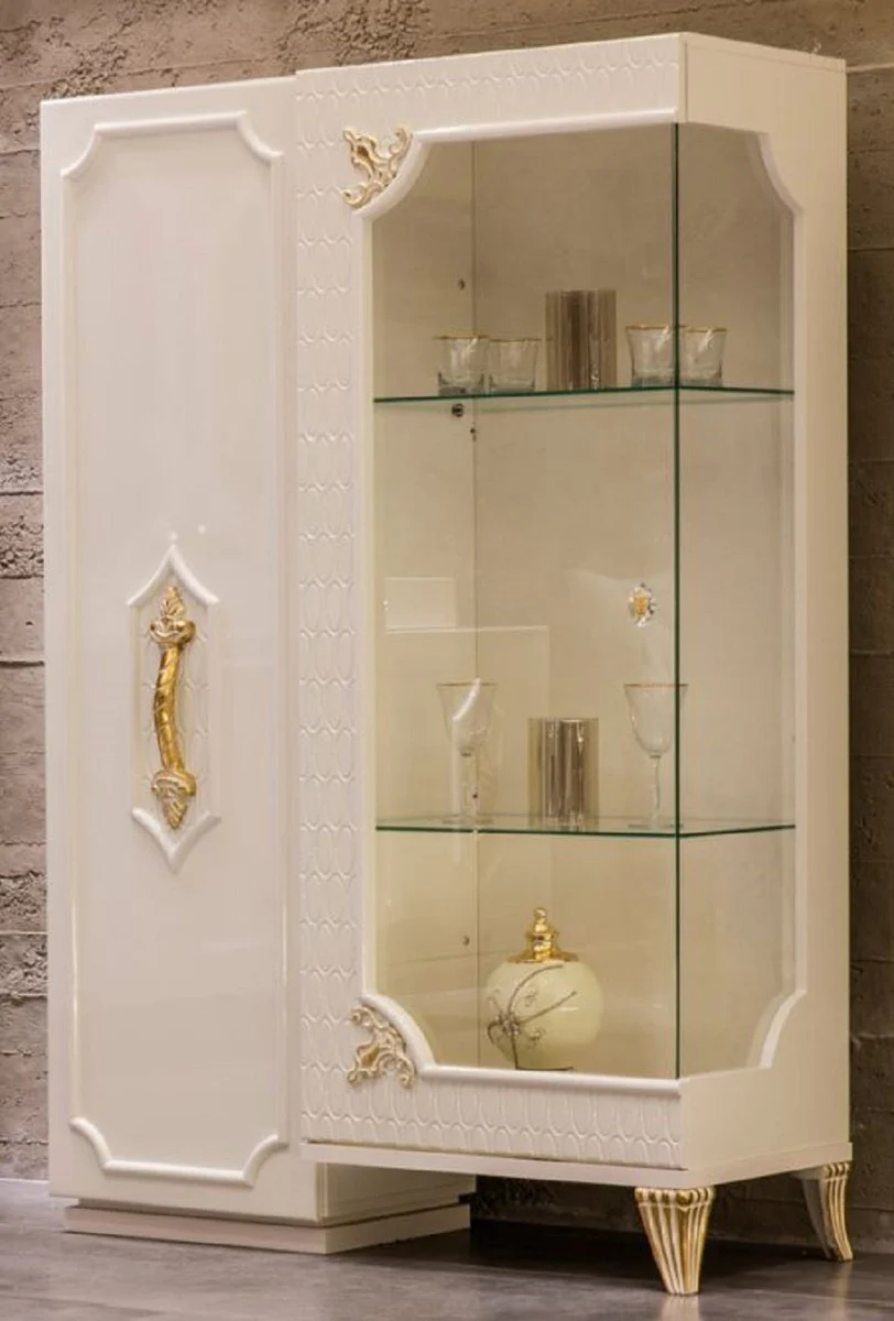 Luxus Barock Vitrine Weiß / Gold - Handgefertigter Massivholz Vitrinenschrank mit 2 Türen - Barock Möbel - Edel & Prunkvoll