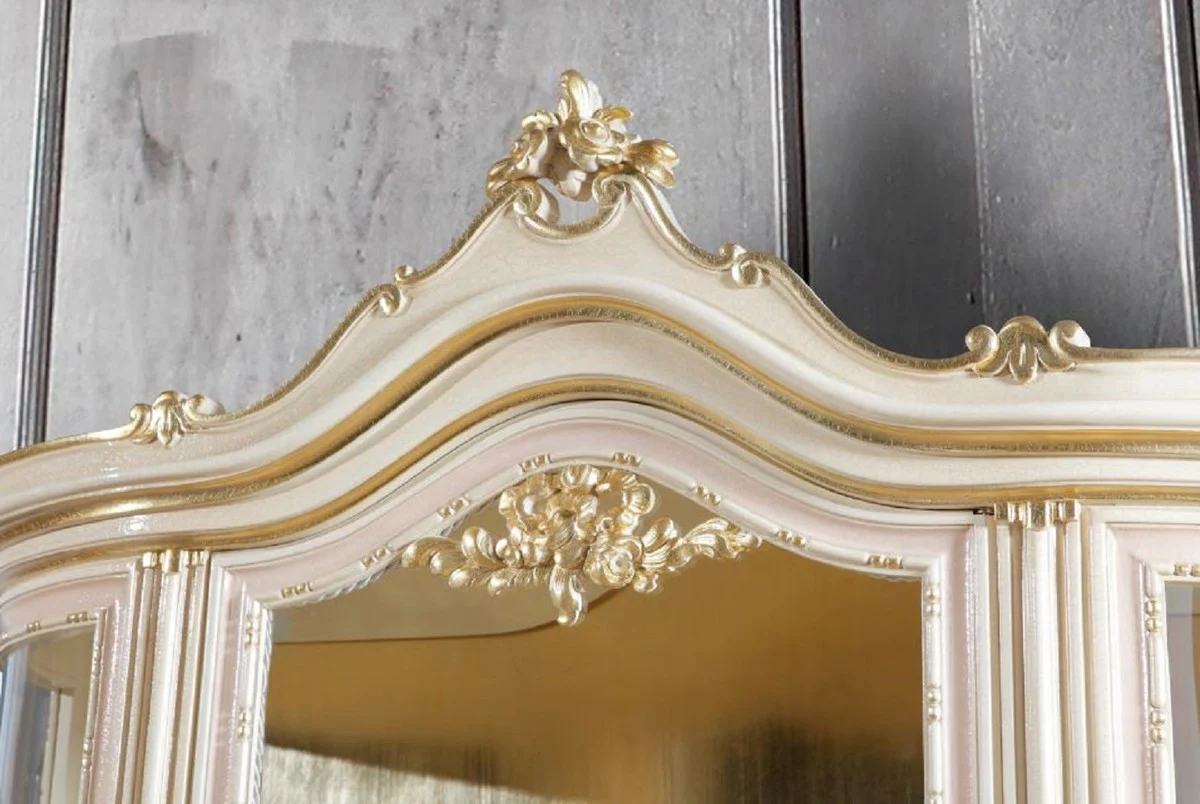 Luxus Barock Vitrine Cremefarben / Rosa / Mehrfarbig / Gold - Handgefertigter Vitrinenschrank mit 4 Türen - Prunkvolle Barock Möbel - Luxus Qualität - Made in Italy