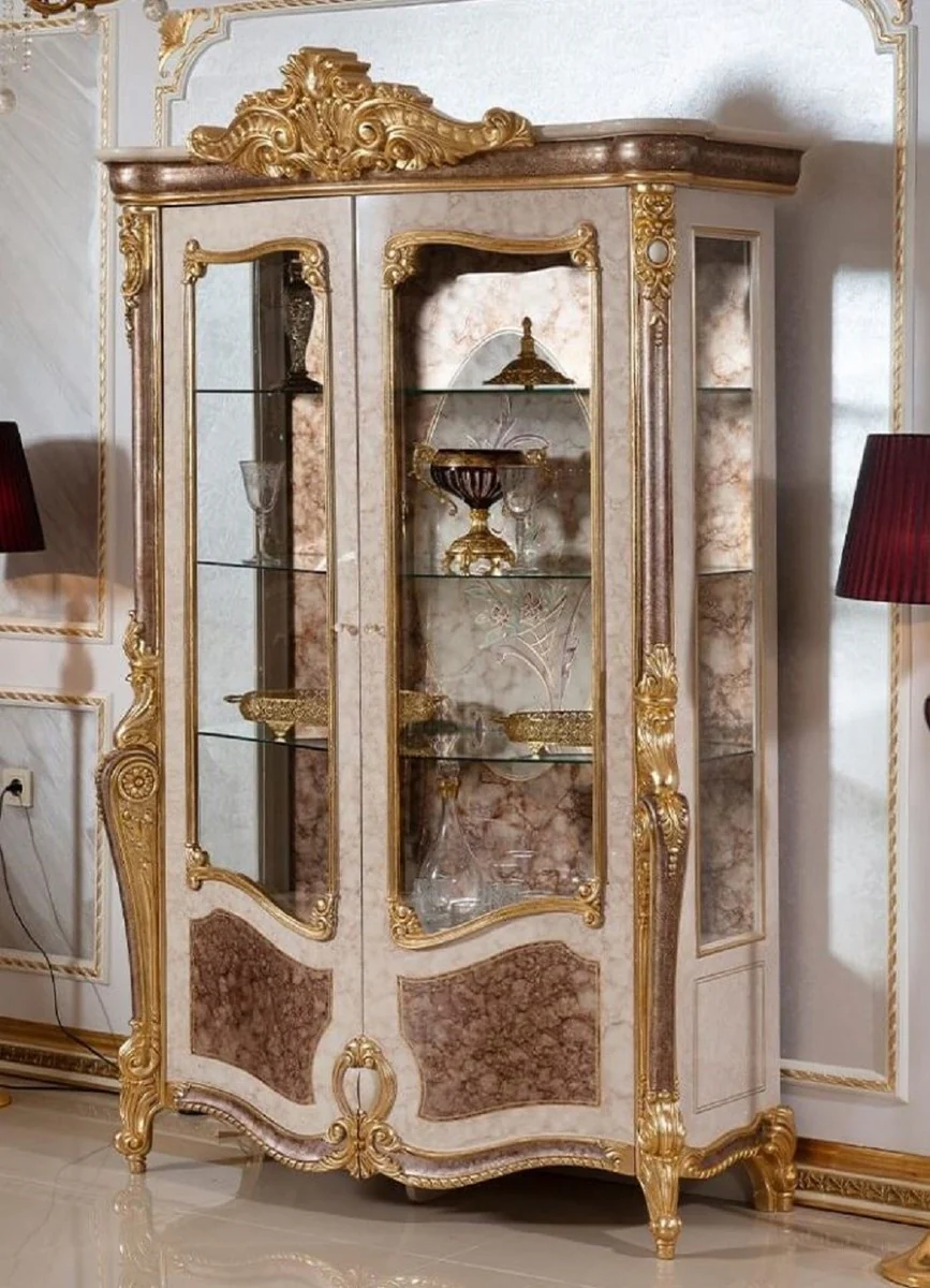 Luxus Barock Vitrine Weiß / Braun / Gold - Prunkvoller Massivholz Vitrinenschrank mit 2 Glastüren und 3 Glasregalen - Barock Möbel - Edel & Prunkvoll