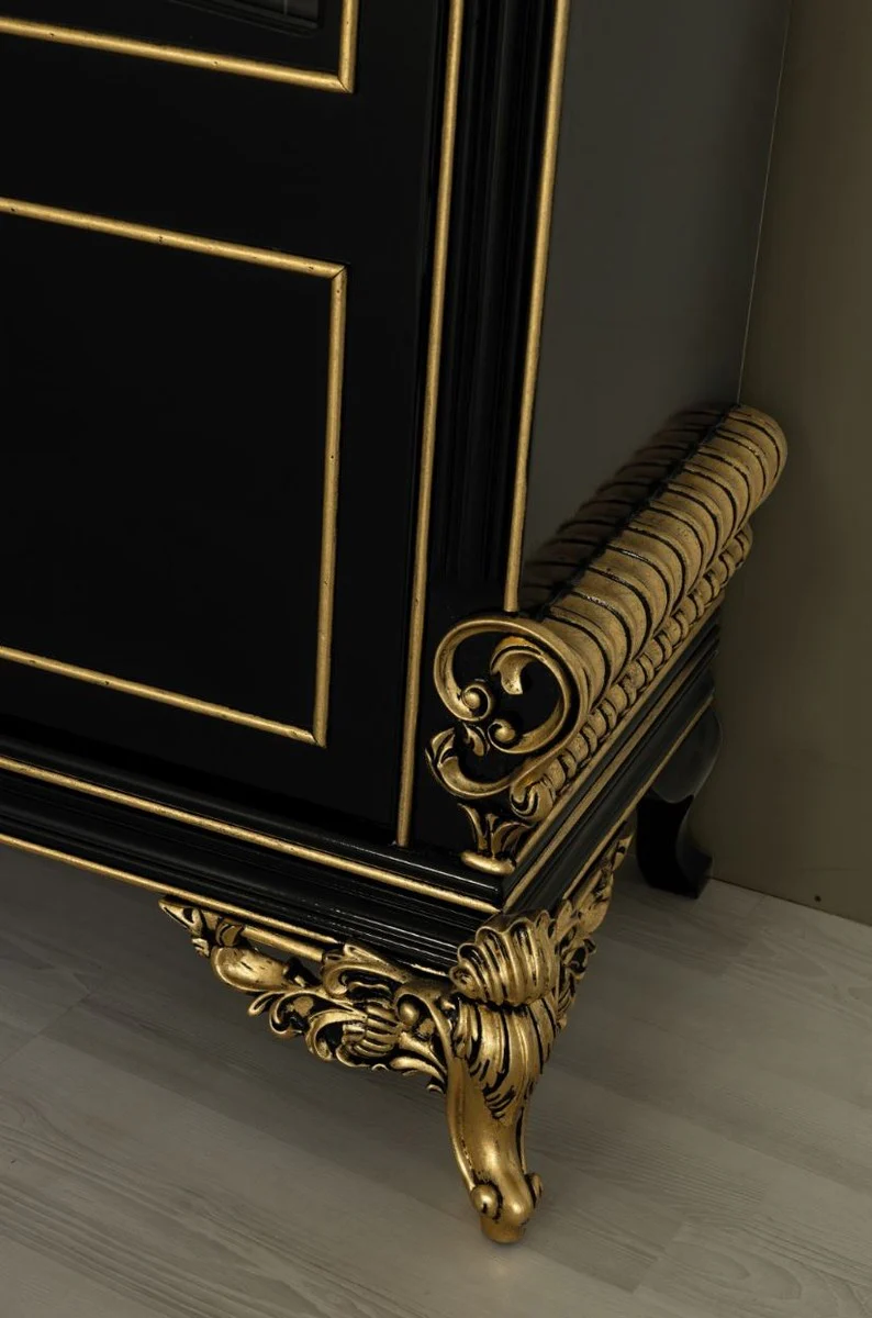 Luxus Barock Wohnzimmer Vitrine Schwarz / Gold 130 x 55 x H. 210 cm - Prunkvoller Barock Vitrinenschrank mit 2 Glastüren - Edle Barock Möbel
