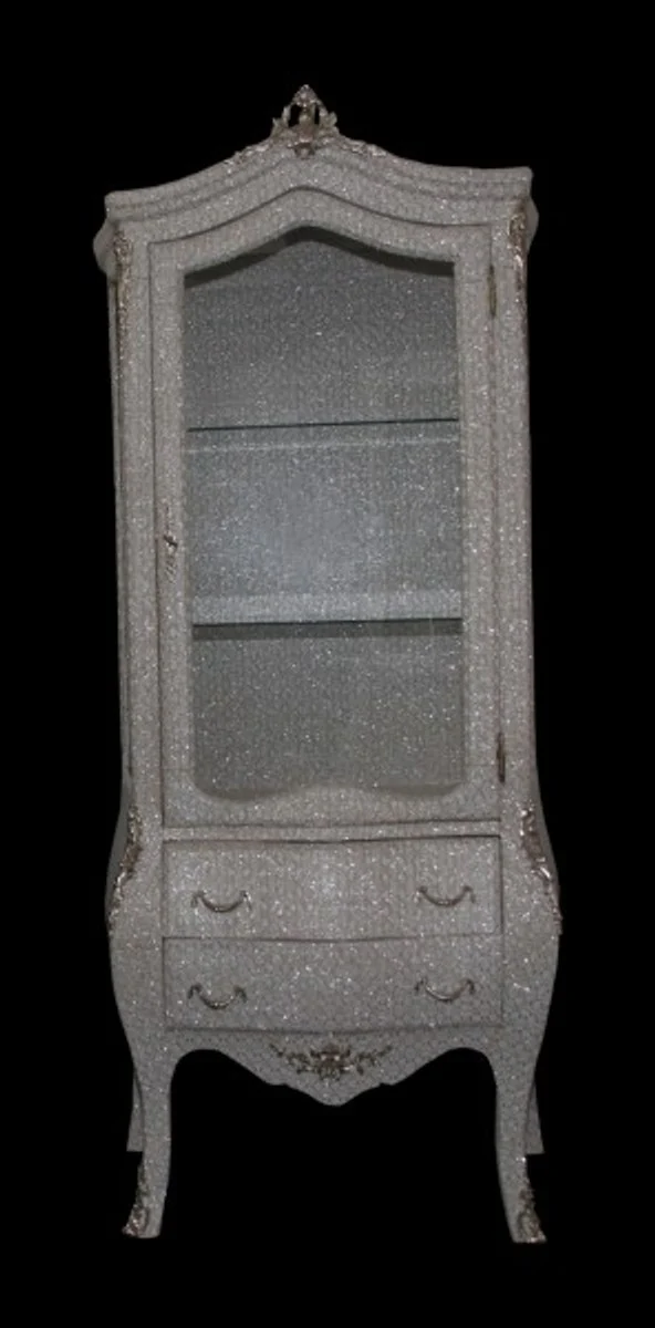 Barock Vitrine in Weiß/Silber Glitzerlook - Vitrinenschrank - Wohnzimmerschrank
