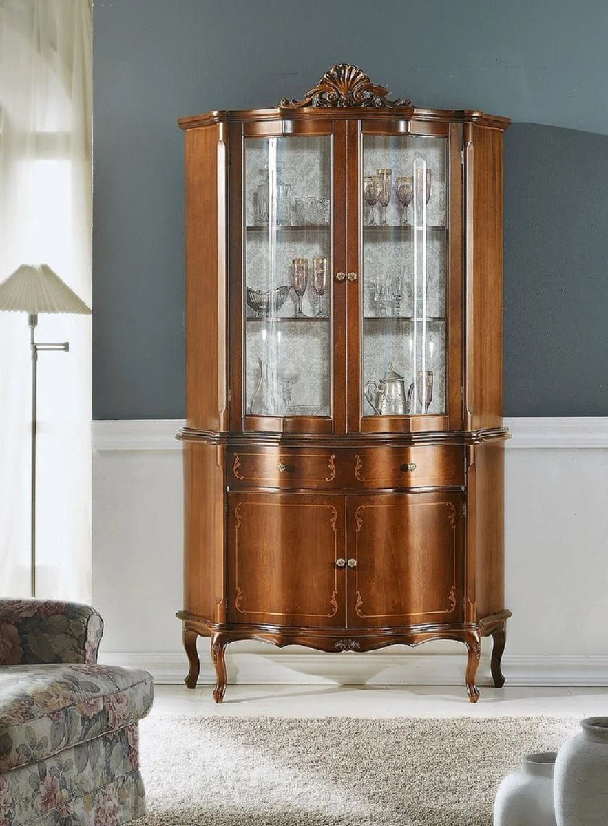 Luxus Barock Vitrine Braun - Prunkvoller Barock Vitrinenschrank mit 4 Türen und Schublade - Barock Möbel - Luxus Qualität - Made in Italy