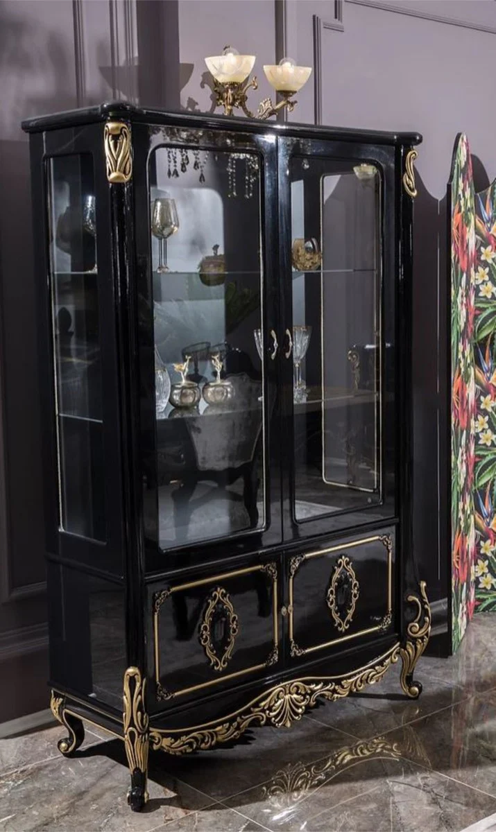 Luxus Barock Vitrine Schwarz / Gold 124 x 54 x H. 194 cm - Massivholz Vitrinenschrank im Barockstil - Edel & Prunkvoll