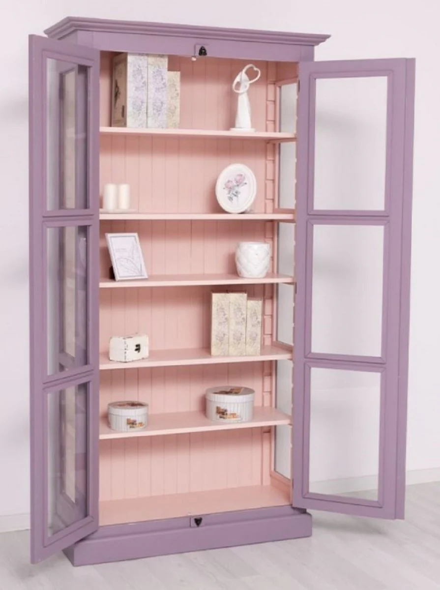 Landhausstil Vitrine Lila / Rosa 109 x 40 x H. 210 cm - Massivholz Vitrinenschrank mit 2 Glastüren - Massivholz Schrank - Massivholz Möbel - Landhausstil Möbel