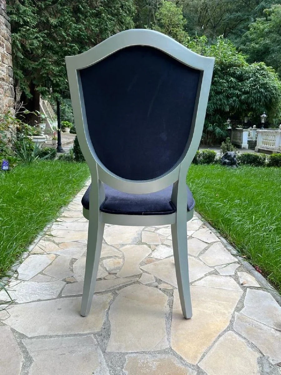 Luxus Art Deco Samt Esszimmer Stuhl Dunkelblau / Silber - Art Deco Massivholz Stuhl - Art Deco Esszimmer Möbel - Art Deco Möbel - Art Deco Einrichtung - Luxus Möbel im Art Deco Stil