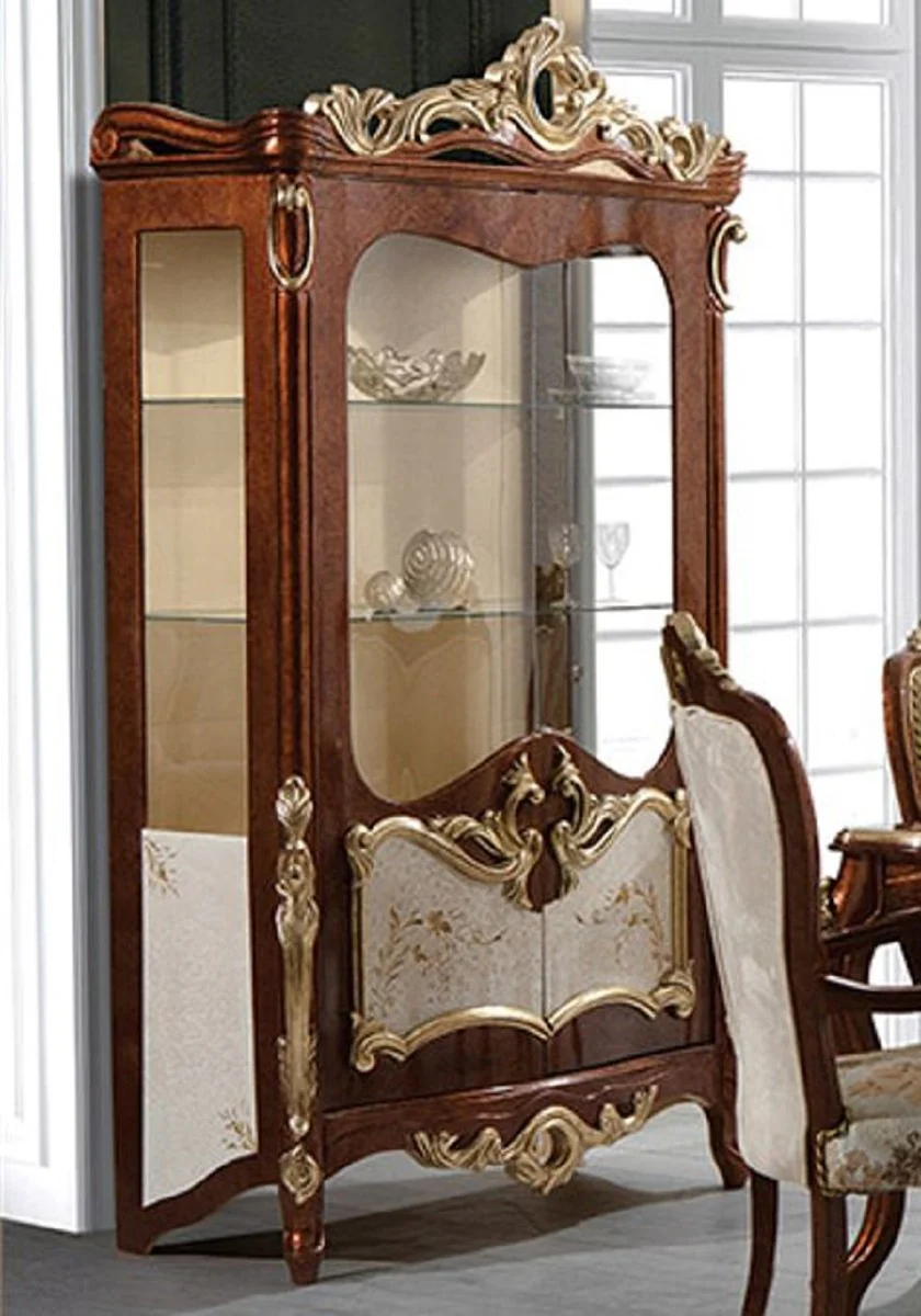 Luxus Barock Vitrine Braun / Cremefarben / Gold - Handgefertigter Massivholz Vitrinenschrank mit 2 Glastüren - Prunkvolle Barock Möbel