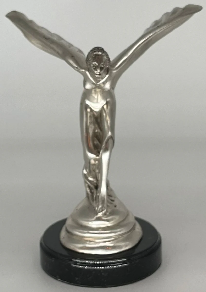 Luxus Bronze Skulptur Spirit of Ecstasy Frau mit Flügeln Silber / Schwarz 15 x 15 x H. 21 cm - Edle Bronzefigur mit Marmorsockel - Schreibtisch Deko - Luxus Deko - Deko Accessoires