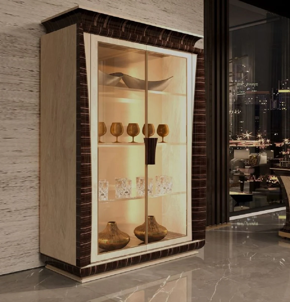 Luxus Vitrine Naturfarben / Dunkelbraun 139 x 61 x H. 205 cm - Massivholz Vitrinenschrank mit 2 Glastüren - Wohnzimmer Möbel - Hotel Möbel - Luxus Qualität - Made in Italy