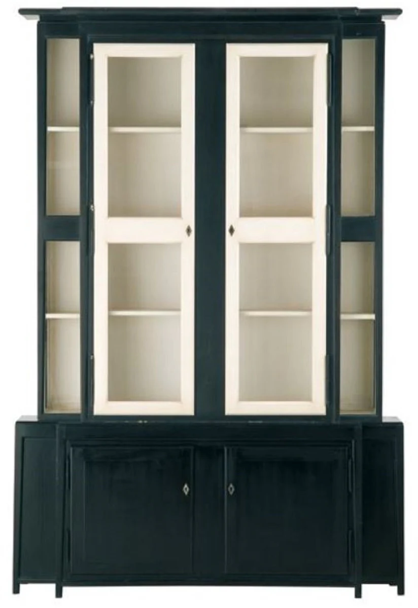 Luxus Landhausstil Vitrine Schwarz / Weiß 180 x 45 x H. 270 cm - Handgefertigter Vitrinenschrank - Massivholz Küchenschrank - Landhausstil Möbel