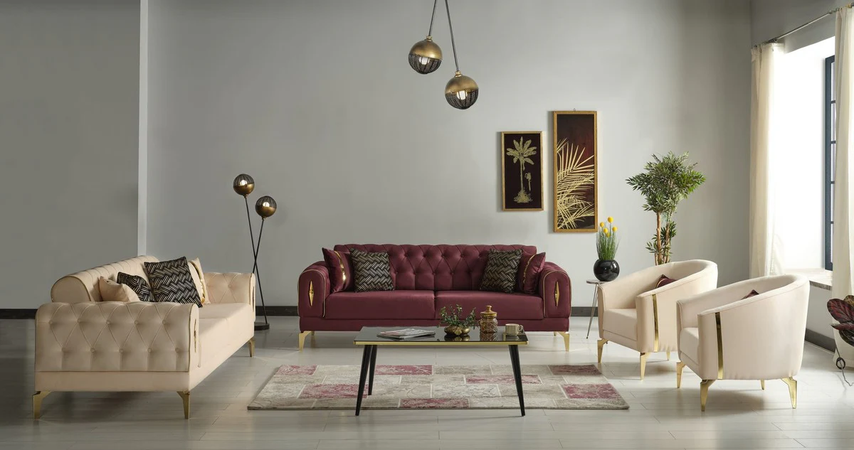 Luxus Schlafsofa Beige / Gold 225 x 95 x H. 83 cm - Wohnzimmer Sofa mit 4 Kissen - Luxus Wohnzimmer Möbel