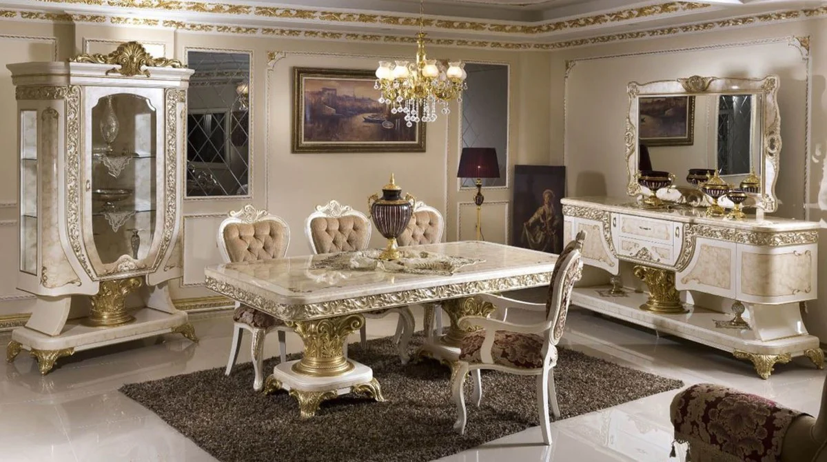 Luxus Barock Vitrine Weiß / Beige / Gold - Prunkvoller Massivholz Vitrinenschrank mit Glastür - Handgefertigte Barock Möbel - Edel & Prunkvoll