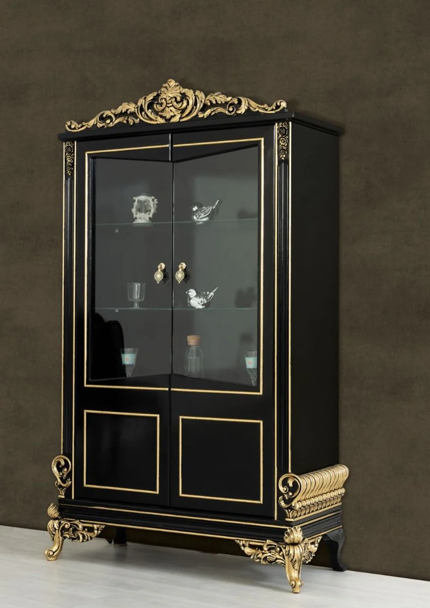 Luxus Barock Wohnzimmer Vitrine Schwarz / Gold 130 x 55 x H. 210 cm - Prunkvoller Barock Vitrinenschrank mit 2 Glastüren - Edle Barock Möbel