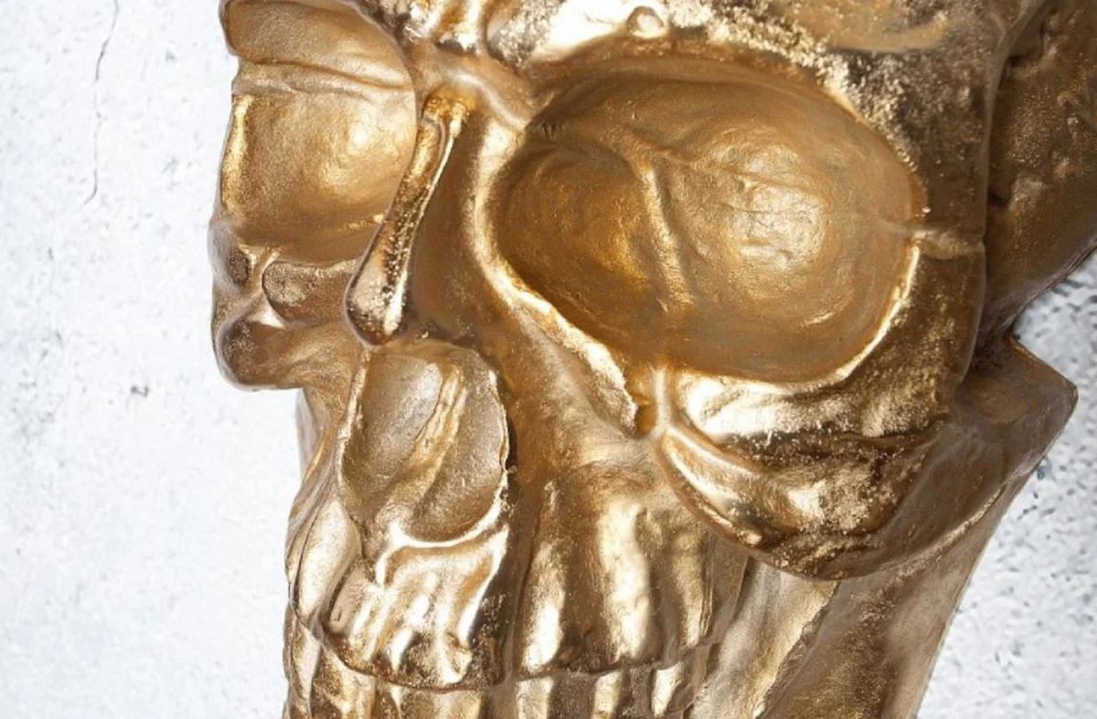 Designer Metall Wanddeko Skulptur Totenkopf Gold 30 x 20 x H. 40 cm - Metall Wanddeko Figur Skull