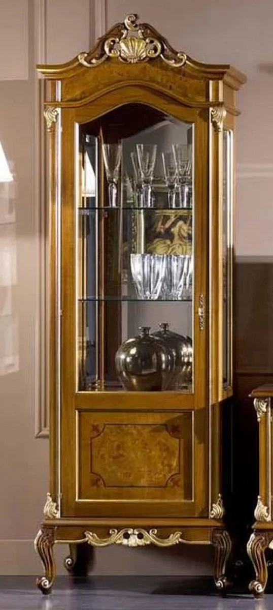 Luxus Barock Vitrine Braun / Gold - Handgefertigter Massivholz Vitrinenschrank mit Tür - Prunkvolle Barock Möbel - Luxus Qualität - Made in Italy