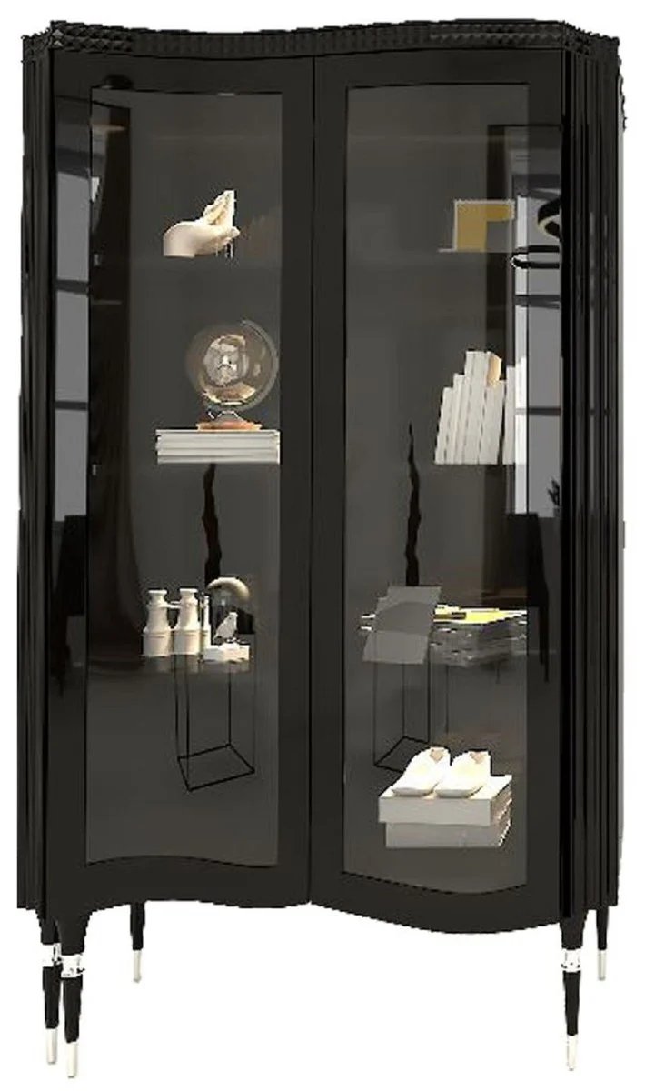 Luxus Art Deco Vitrine Schwarz / Silber - Handgefertigter Massivholz Vitrinenschrank mit 2 Glastüren - Art Deco Wohnzimmer Möbel