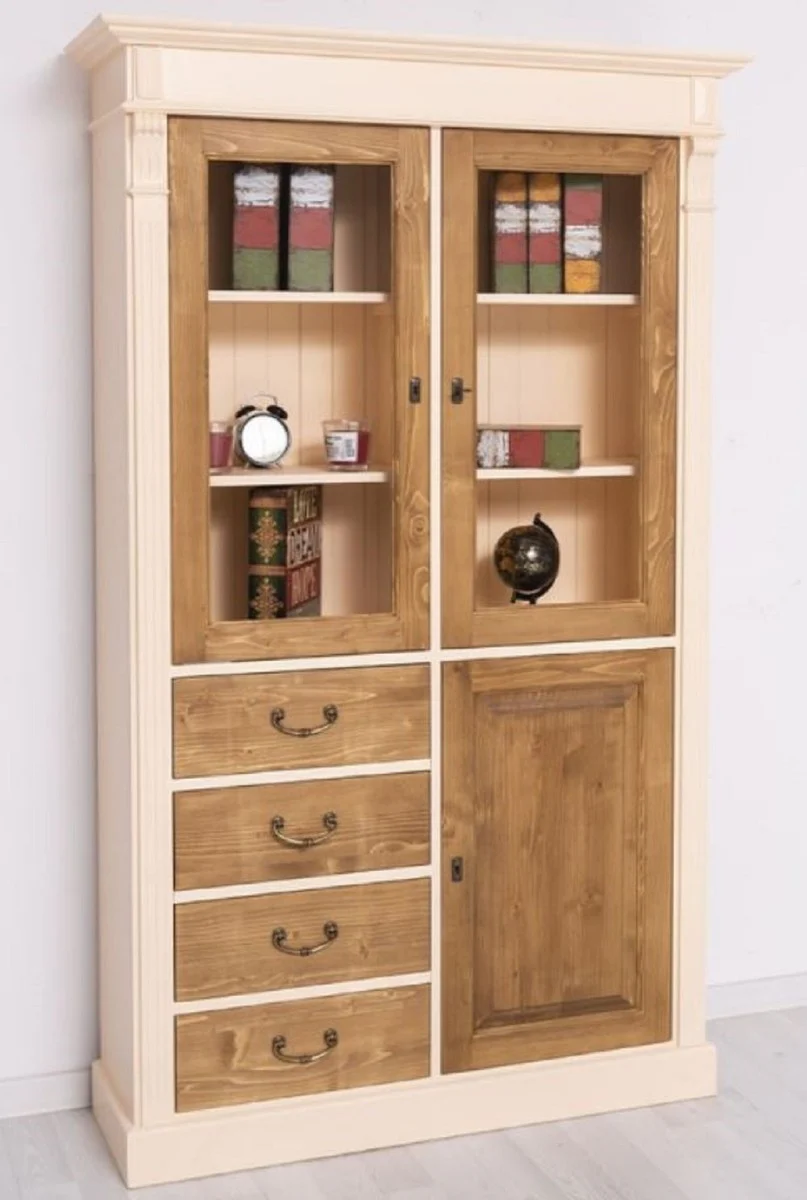 Landhausstil Schrank Creme / Braun 120 x 39 x H. 197 cm - Landhausstil Esszimmer Schrank - Landhausstil Vitrinenschrank - Massivholz Möbel - Landhausstil Möbel