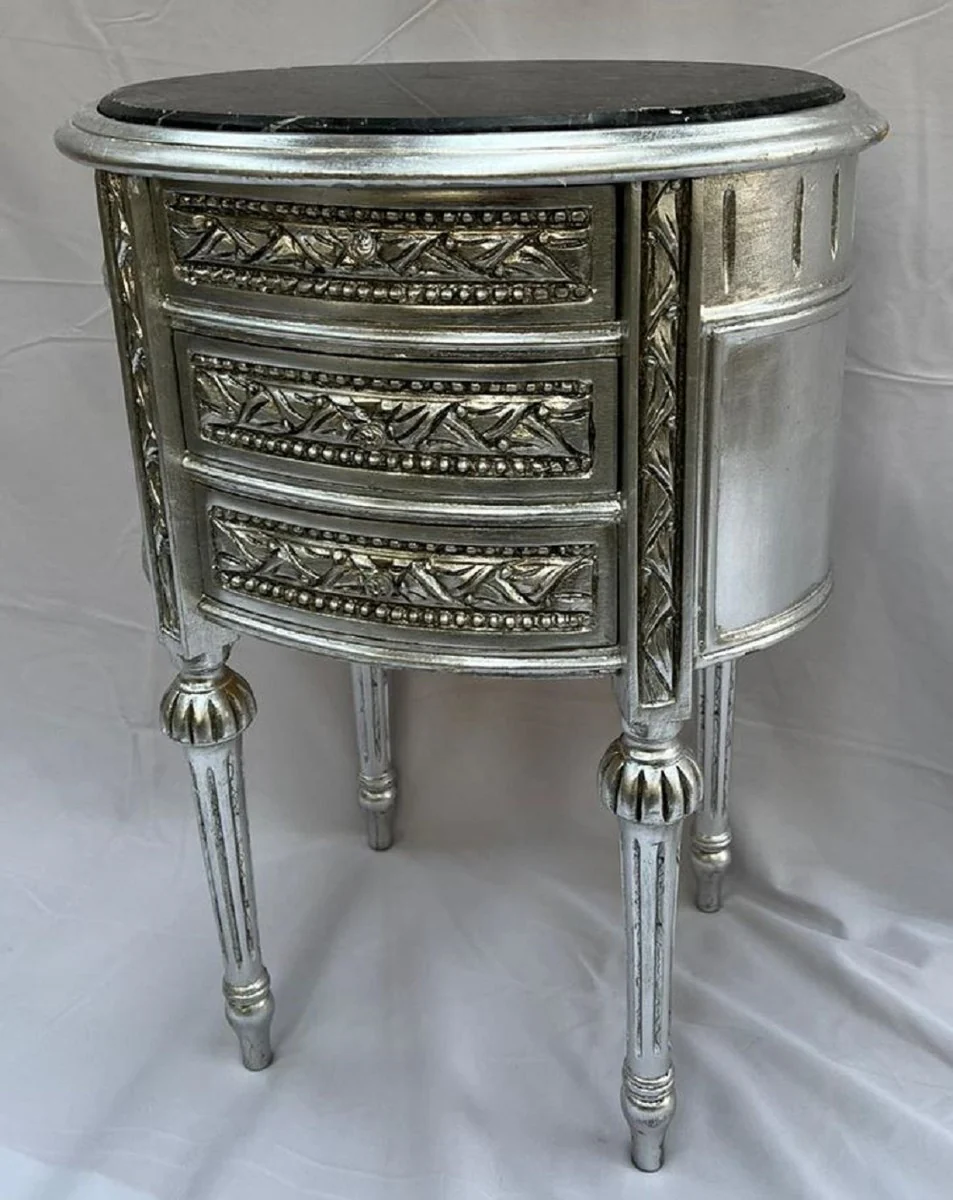 Barock Nachtkommode Antik Silber / Schwarz - Prunkvolle Barockstil Kommode mit 3 Schubladen und Marmorplatte - Barock Möbel - Schlafzimmer Möbel im Barockstil
