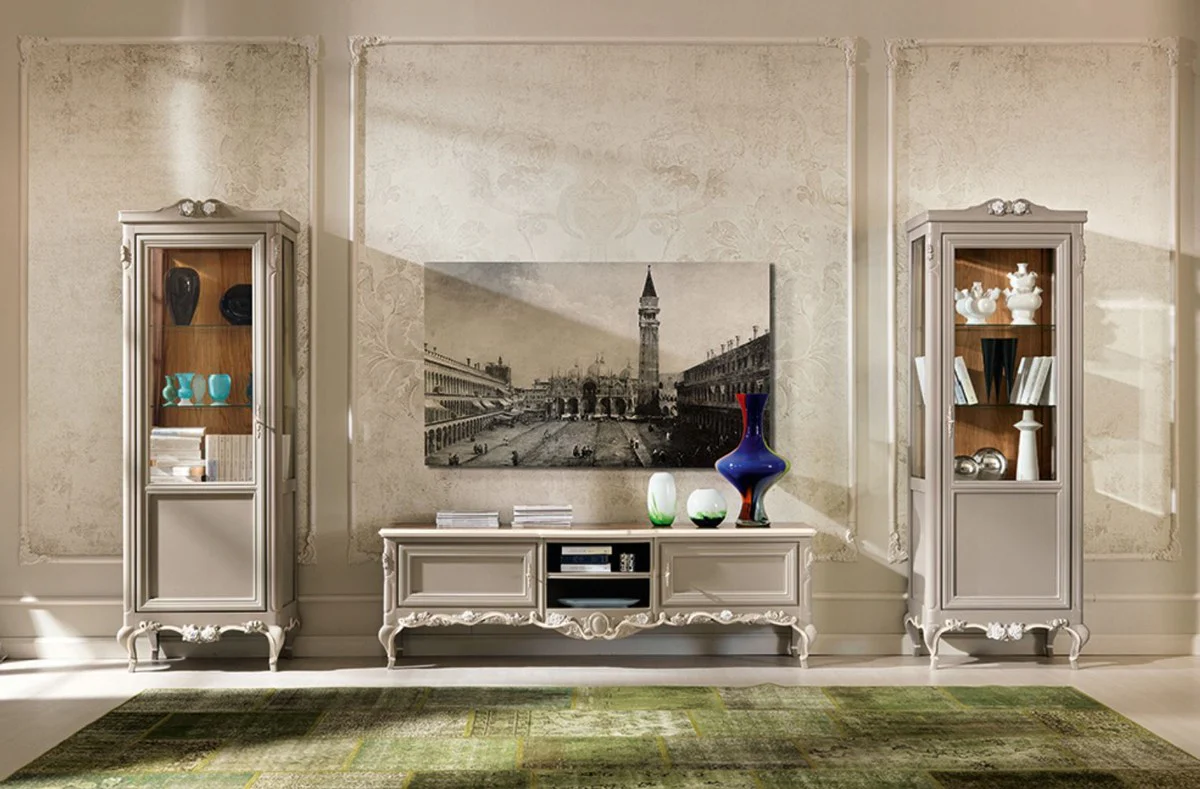 Luxus Barock Vitrine Grau / Creme / Braun - Handgefertigter italienischer Barockstil Vitrinenschrank - Barockstil Möbel - Italienische Barock Möbel - Luxus Qualität - Made in Italy