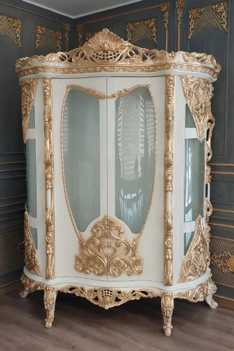 Luxus Barock Vitrine Weiß / Gold - Prunkvoller Massivholz Vitrinenschrank mit 2 Glastüren - Handgefertigte Barock Möbel