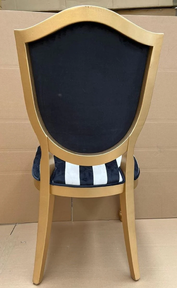 Luxus Art Deco Esszimmer Stuhl mit Design und Streifen Schwarz / Weiß / Gold - Eleganter Massivholz Stuhl - Art Deco Esszimmer Möbel