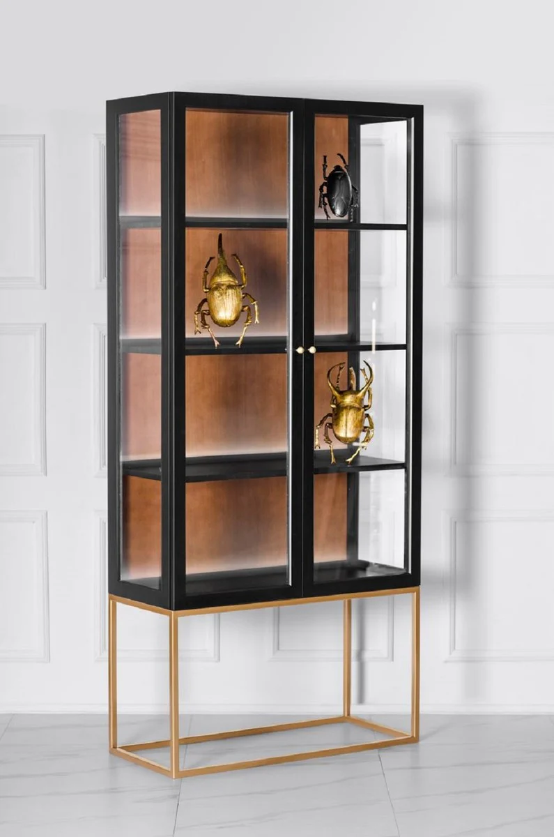 Luxus Vitrine mit LED Beleuchtung Matt Schwarz / Messing / Matt Cognac 90 x 40 x H. 200 cm - Beleuchteter Massivholz Vitrinenschrank mit 2 Glastüren - Wohnzimmer Möbel - Luxus Möbel