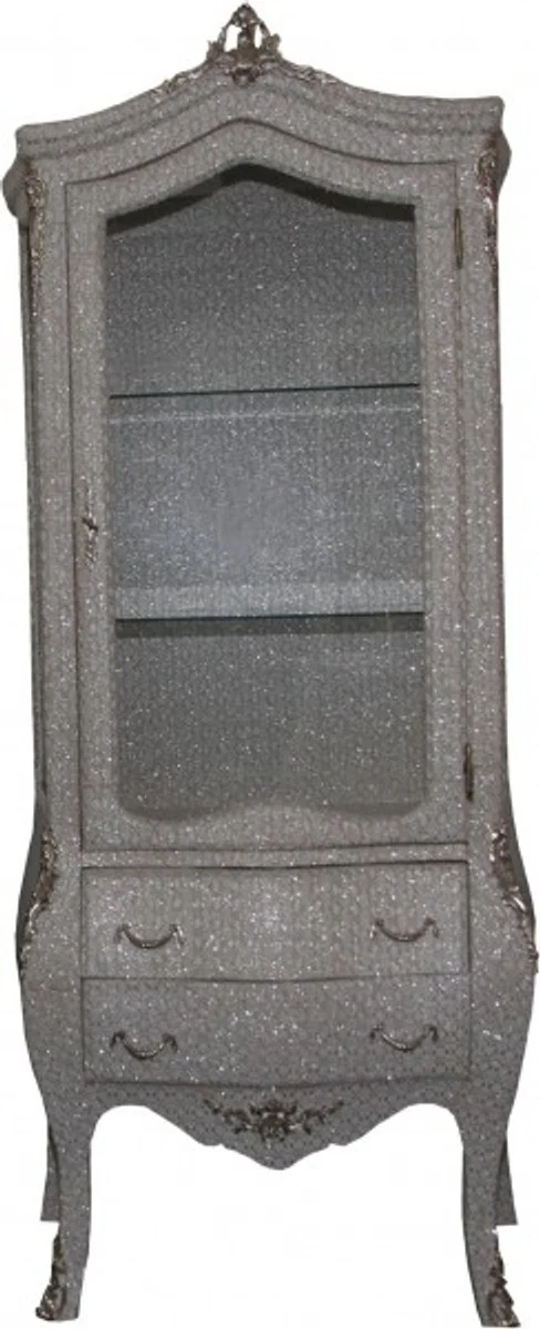 Barock Vitrine in Weiß/Silber Glitzerlook - Vitrinenschrank - Wohnzimmerschrank