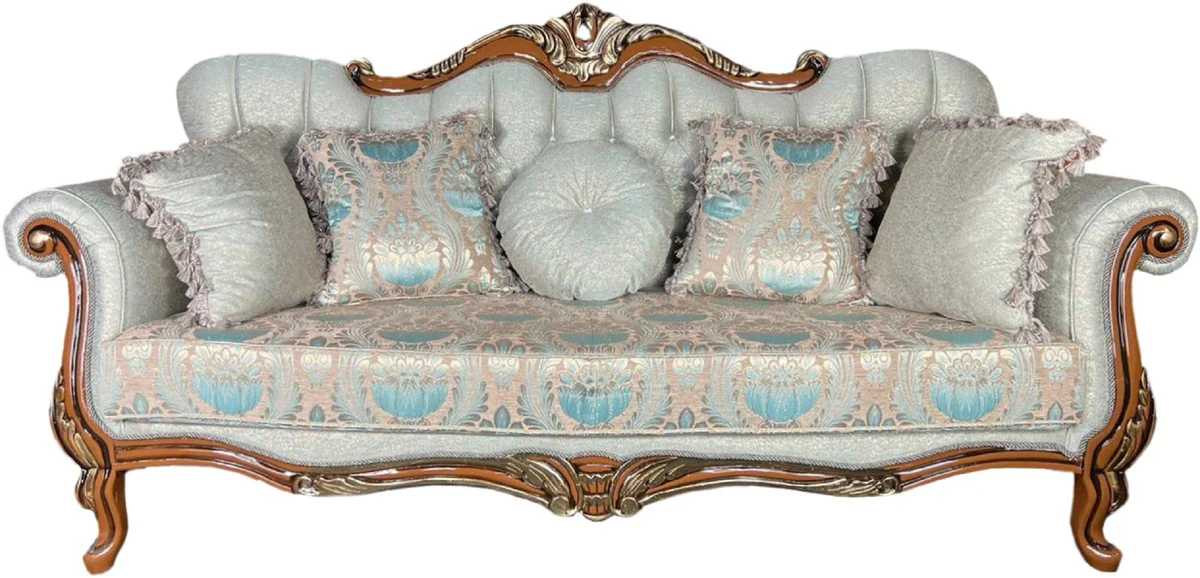 Luxus Barock Sofa Hellgrün / Braun / Gold - Prunkvolles Wohnzimmer Sofa mit elegantem Muster - Barock Wohnzimmer Möbel