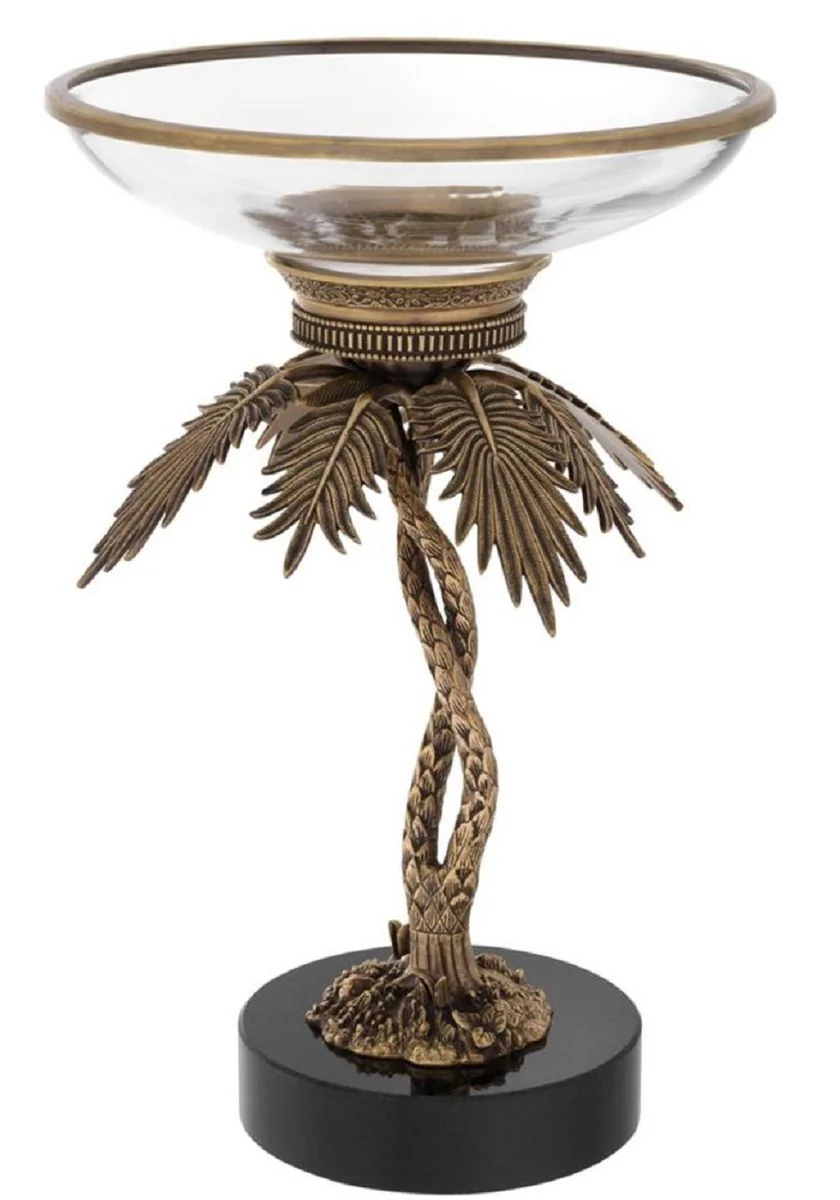 Luxus Glasschale mit Messing Palmen Ständer und Granitsockel Vintage Messing /Schwarz Ø 33,5 x H. 50,5 cm - Hotel & Restaurant Accessoires