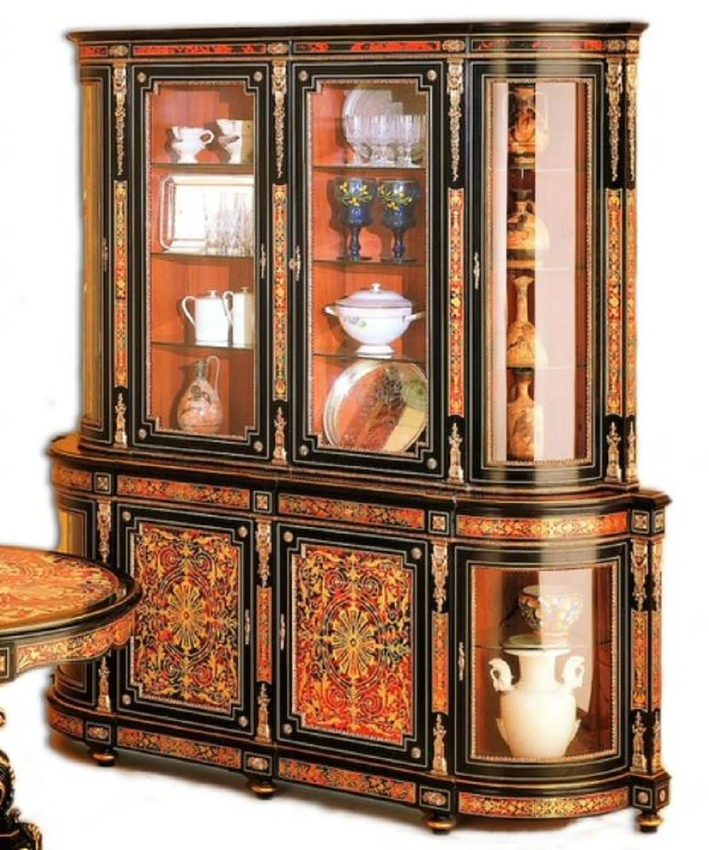 Luxus Barock Boulle Esszimmerschrank Schwarz / Rot / Gold 228 x 49 x H. 237 cm - Handgefertigter Massivholz Schrank - Barock Esszimmer Küchen Möbel - Edel & Prunkvoll