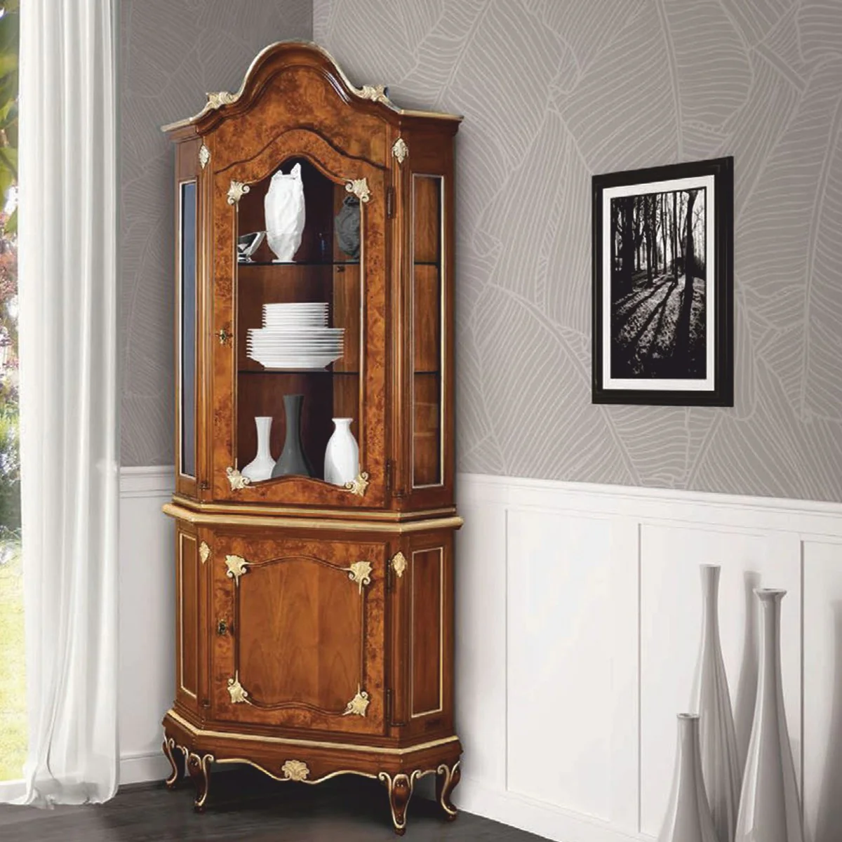 Luxus Barock Eckvitrine Braun / Gold H. 222 cm - Barock Möbel - Made in Italy