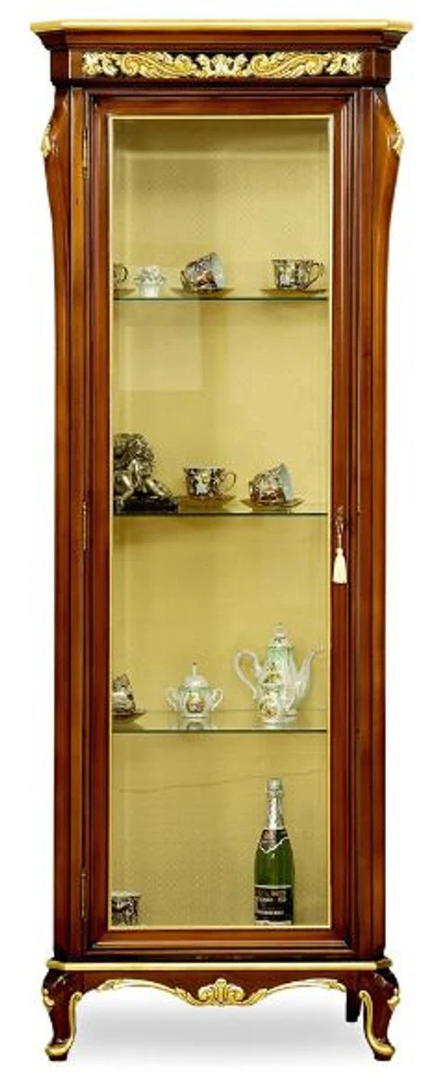 Luxus Barock Vitrine Braun / Gold - Prunkvoller Massivholz Vitrinenschrank mit Glastür und Glasregalen - Handgefertigte Barock Möbel - Edel & Prunkvoll