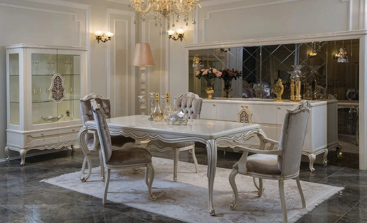 Luxus Barock Vitrine Weiß / Beige / Braun 118 x 49 x H. 186 cm - Massivholz Vitrinenschrank mit 2 Glastüren und 2 Schubladen - Möbel im Barockstil