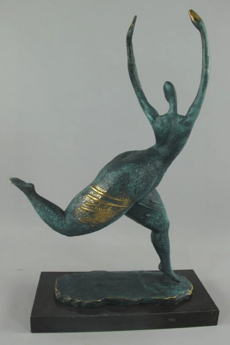 Luxus Bronze Deko Skulptur Tänzerin Türkis / Gold / Schwarz 35 x 15 x H. 48 cm - Abstrakte Bronze Deko Figur mit Marmorsockel - Schreibtisch Deko - Deko Accessoires