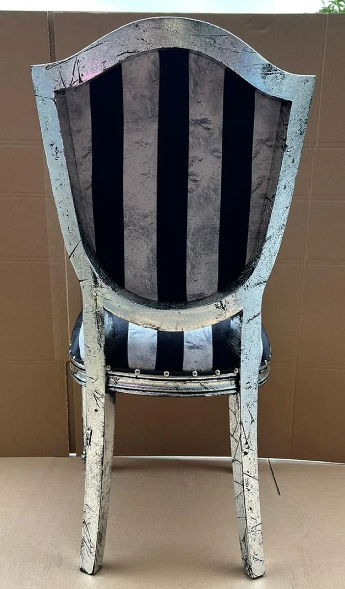 Luxus Art Deco Esszimmer Stuhl Silber / Schwarz / Antik Silber - Eleganter Massivholz Stuhl mit Streifen - Art Deco Esszimmer Möbel