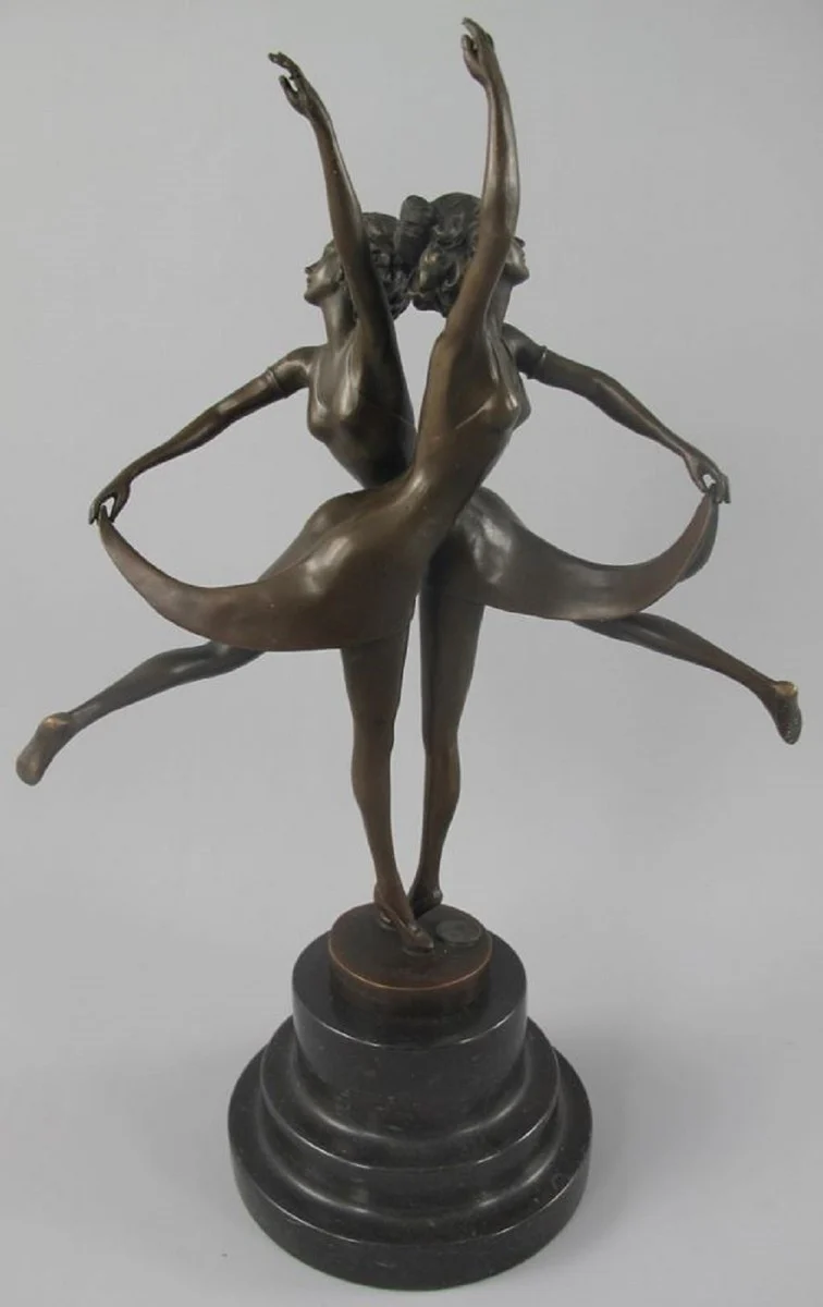 Luxus Jugendstil Bronze Skulptur Tänzerinnen mit Marmorsockel Bronzefarben / Schwarz 24 x 13 x H. 36 cm - Bronzefigur - Dekofigur - Deko Accessoires