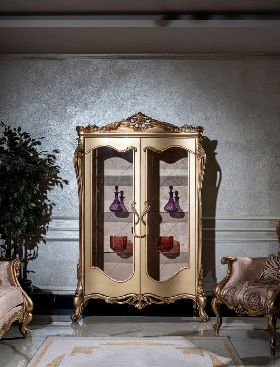 Luxus Barock Vitrine Gold - Prunkvoller Massivholz Vitrinenschrank mit 2 Glastüren - Handgefertigte Barock Möbel - Edel & Prunkvoll