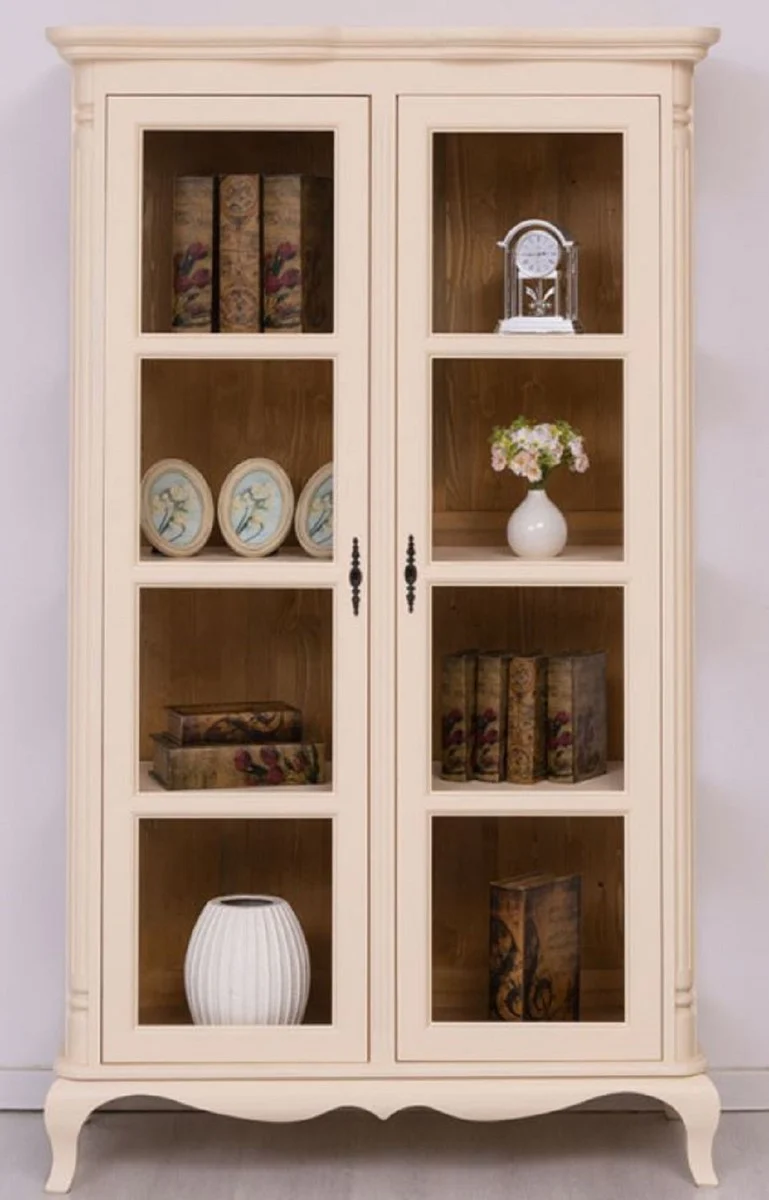 Landhausstil Vitrine Creme / Braun 112 x 49 x H. 190 cm - Massivholz Schrank mit 2 Glastüren - Massivholz Möbel - Landhausstil Möbel - Landhausstil Einrichtung