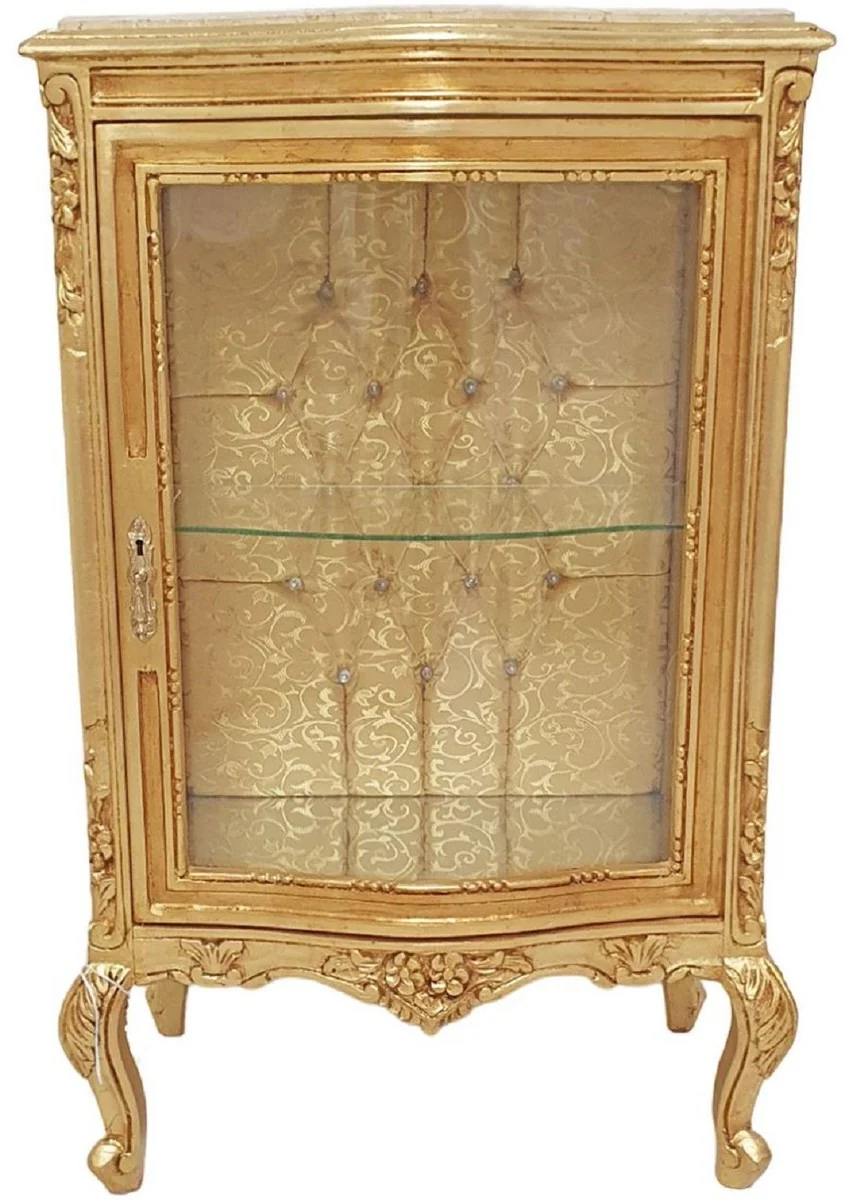 Barock Vitrine Gold / Creme - Handgefertigter Massivholz Vitrinenschrank mit Glitzersteinen und Marmorplatte - Wohnzimmer Möbel im Barockstil - Barock Möbel