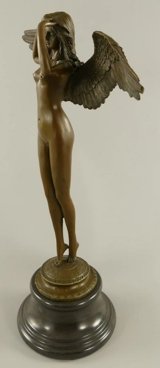 Luxus Jugendstil Deko Skulptur Engel Bronze / Schwarz 38 x 20 x H. 57 cm - Bronze Figur mit Marmorsockel - Barock & Jugendstil Bronze Skulpturen