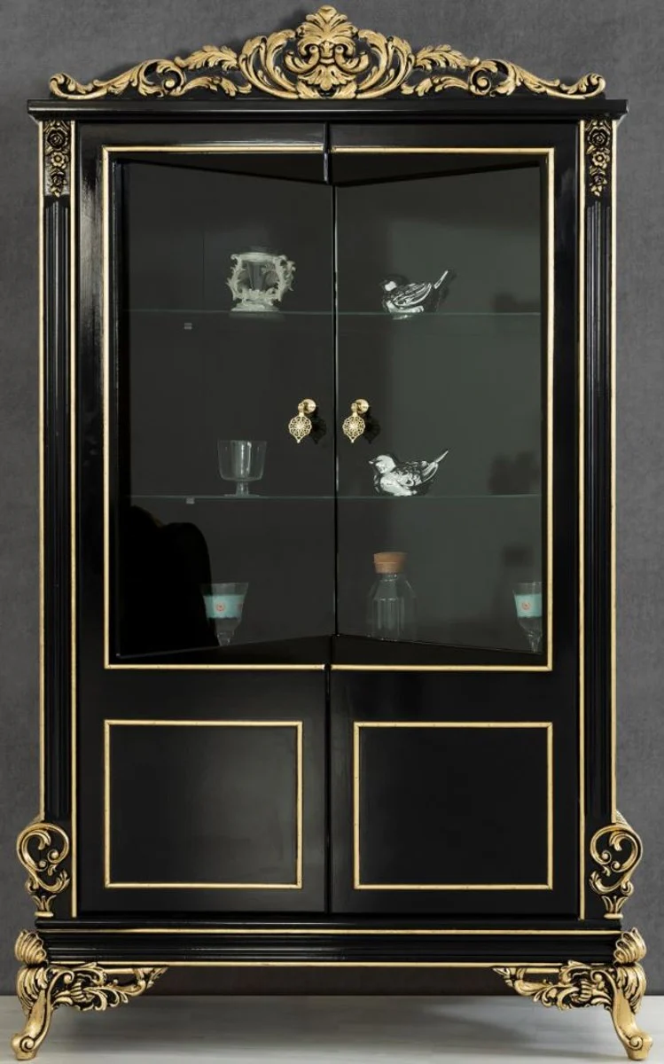 Luxus Barock Wohnzimmer Vitrine Schwarz / Gold 130 x 55 x H. 210 cm - Prunkvoller Barock Vitrinenschrank mit 2 Glastüren - Edle Barock Möbel