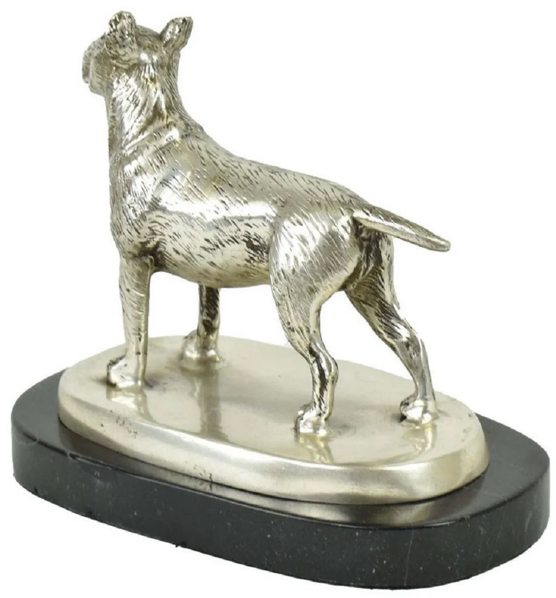 Luxus Deko Bronzefigur Bullterrier Hund Silber / Schwarz 19 x 10 x H. 15 cm - Bronze Skulptur mit Marmorsockel - Dekofigur - Deko Accessoires