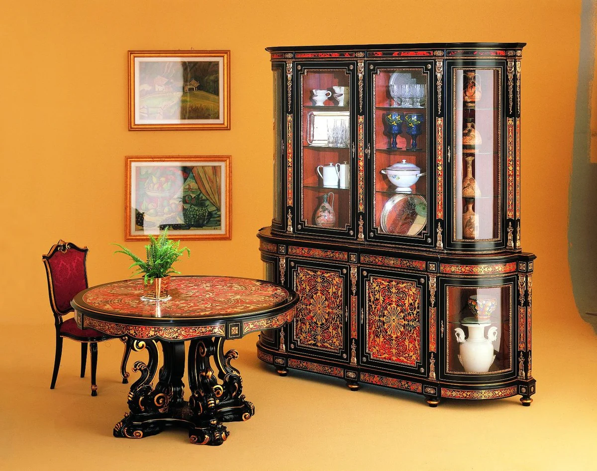 Luxus Barock Boulle Esszimmerschrank Schwarz / Rot / Gold 228 x 49 x H. 237 cm - Handgefertigter Massivholz Schrank - Barock Esszimmer Küchen Möbel - Edel & Prunkvoll