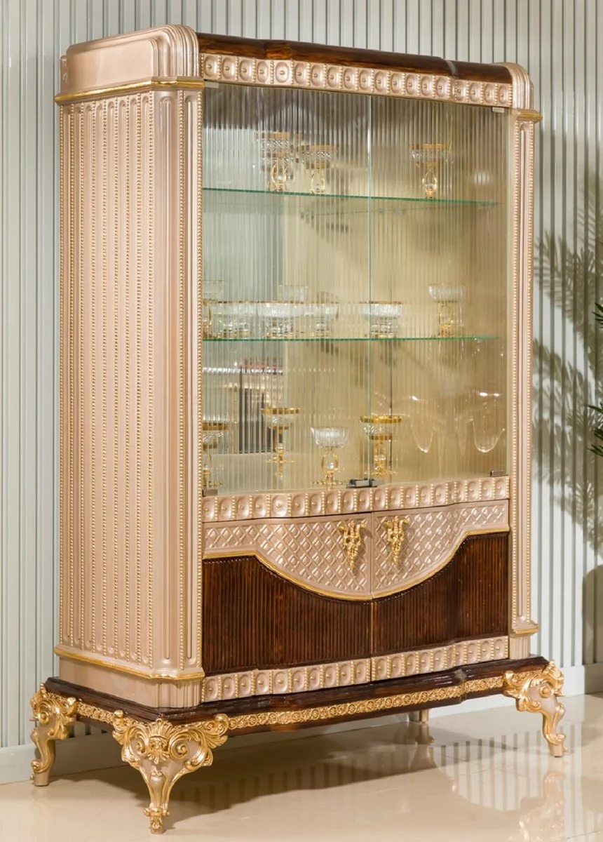 Luxus Barock Vitrine Grau / Dunkelbraun / Gold 135 x H. 187 cm - Barock Möbel