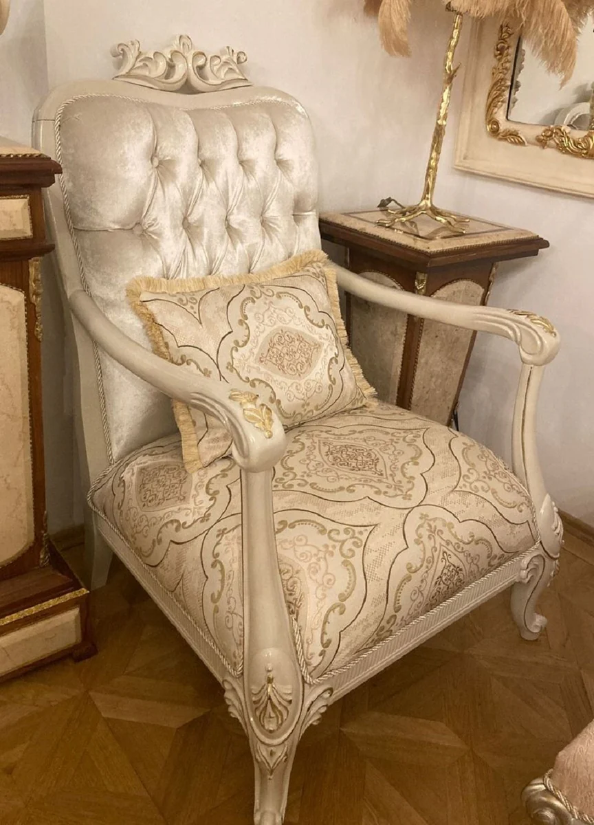 Luxus Barock Sessel Silber / Mehrfarbig / Creme / Gold - Prunkvoller Wohnzimmer Sessel mit elegantem Muster - Luxus Wohnzimmer Möbel im Barockstil - Barock Möbel - Edel & Prunkvoll