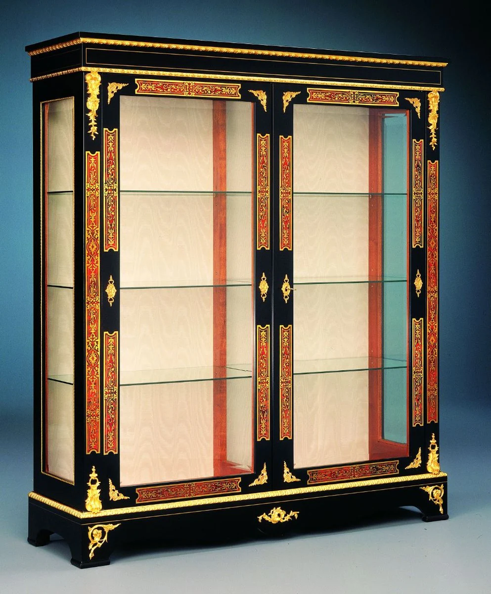 Luxus Barock Boulle Vitrine Schwarz / Rot / Gold 152 x 45 x H. 172 cm - Handgefertigter Massivholz Vitrinenschrank mit 2 Türen - Edle Barock Möbel