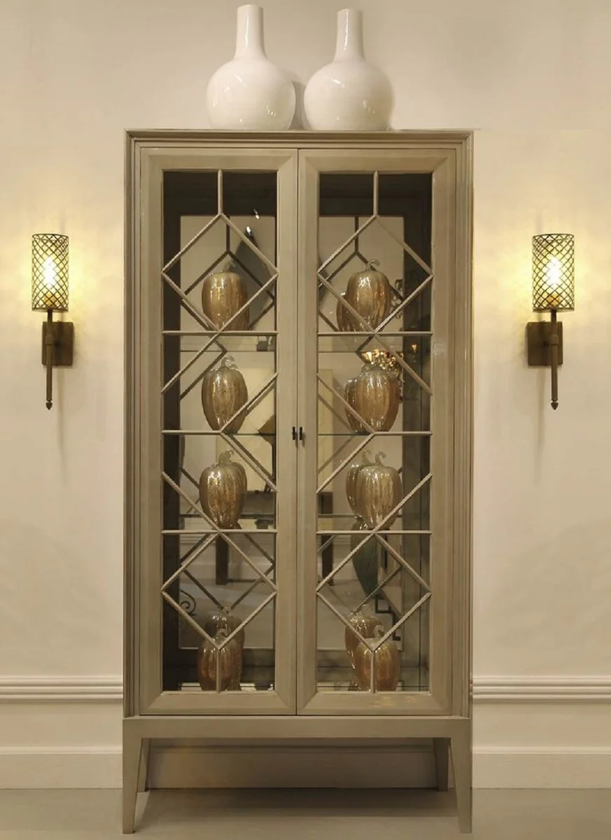 Luxus Vitrine Grau 110 x 42 x H. 220 cm - Edler Massivholz Vitrinenschrank mit 2 Glastüren - Luxus Wohnzimmer Möbel