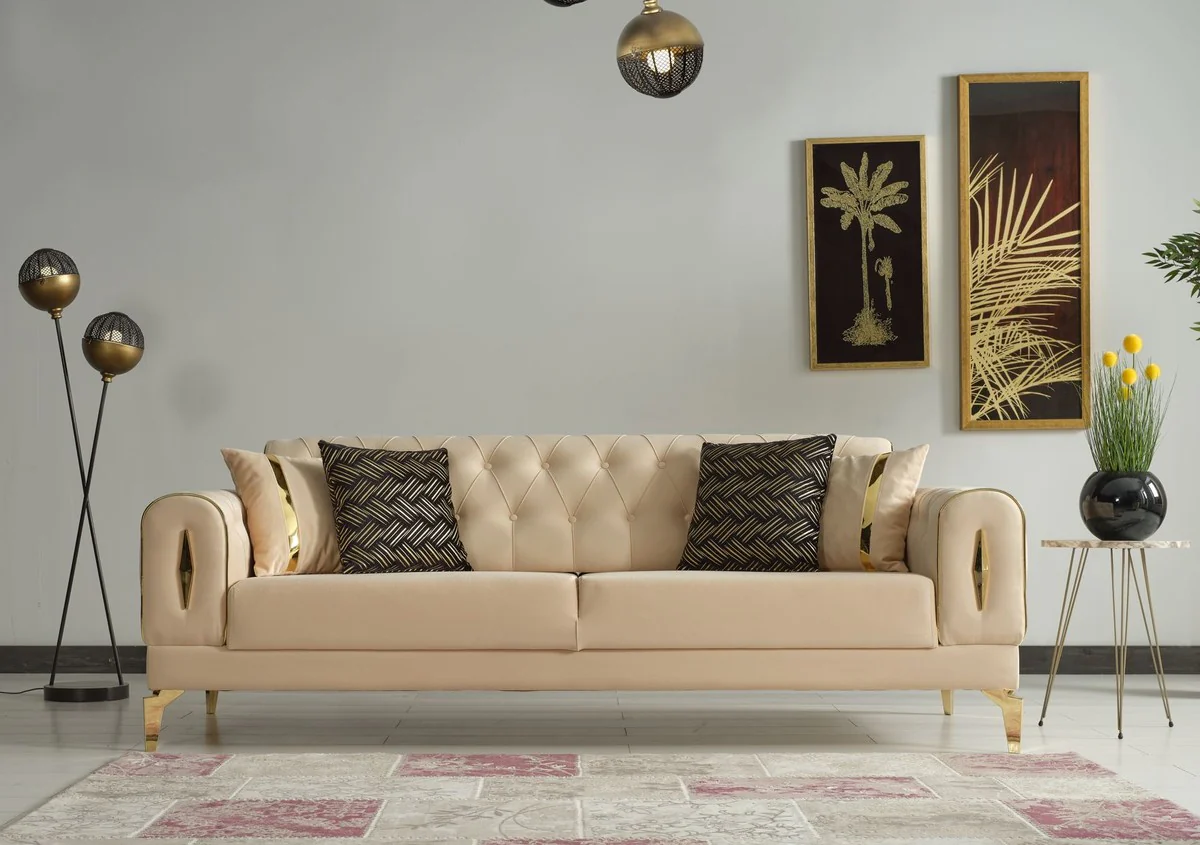 Luxus Schlafsofa Beige / Gold 225 x 95 x H. 83 cm - Wohnzimmer Sofa mit 4 Kissen - Luxus Wohnzimmer Möbel