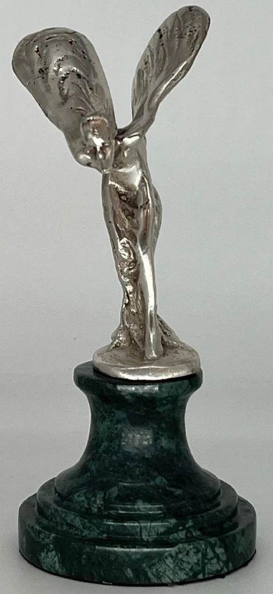Luxus Briefbeschwerer Skulptur Frau mit Flügeln Silber / Grün 7 x 8 x H. 16 cm - Elegante Bronze Figur mit Marmorsockel - Schreibtisch Deko - Luxus Deko - Deko Accessoires