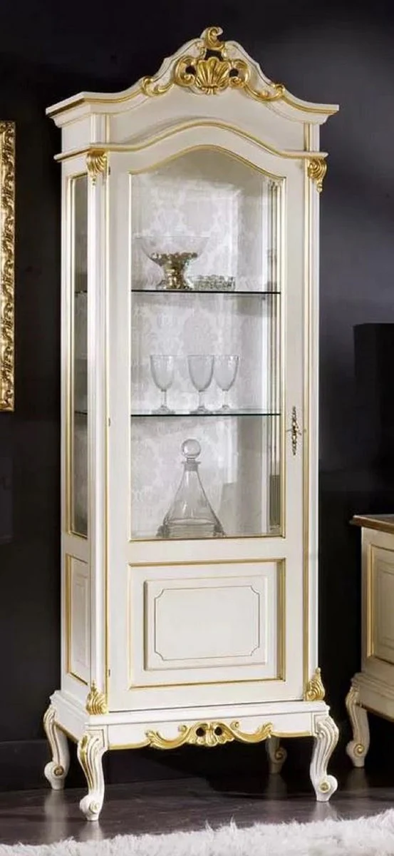 Luxus Barock Vitrine Weiß / Gold - Handgefertigter Massivholz Vitrinenschrank mit Tür - Prunkvolle Barock Möbel - Luxus Qualität - Made in Italy